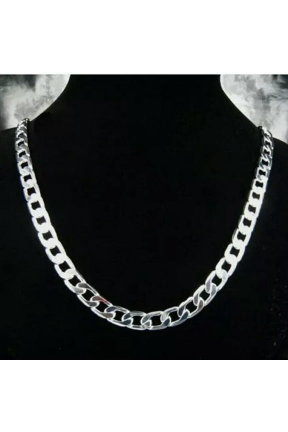 925 Sterling Silver Jewelry Flat Sideways Gentle Men'S Chain Necklace 10mm N005-24"