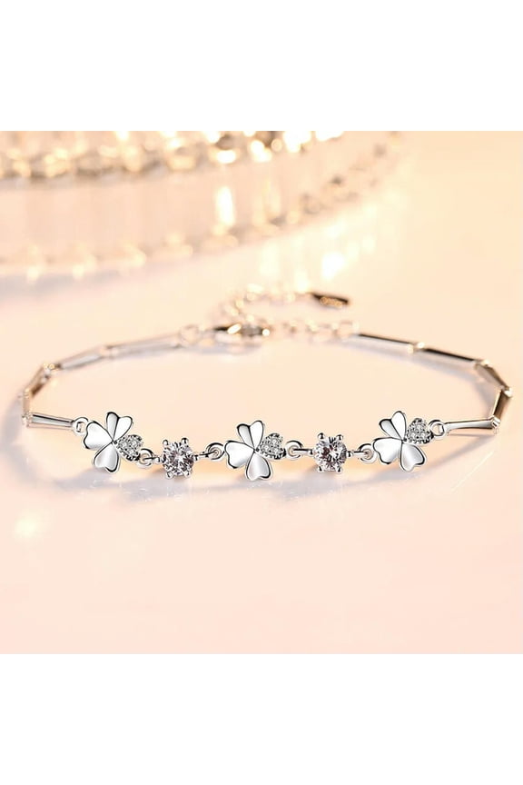 925 Sterling Silver Leaf Clover Crystal Zircon Women Bracelet Charm Wedding