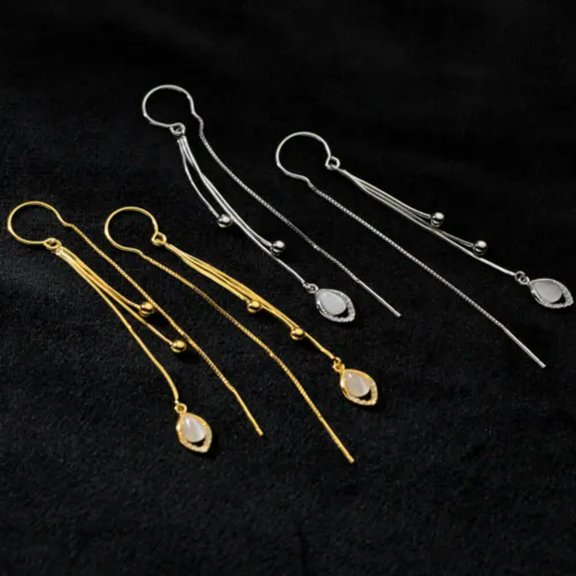 EOEMY 925 Sterling Silver Line Fashion Long Tassel Drop Dress Ear Stud Earrings-Gold