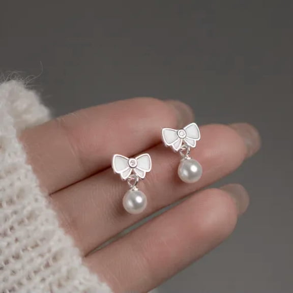 EOEMY 925 Sterling Silver Pearl Stud Earrings Valentines Lovely Bow Wedding Studs-Green