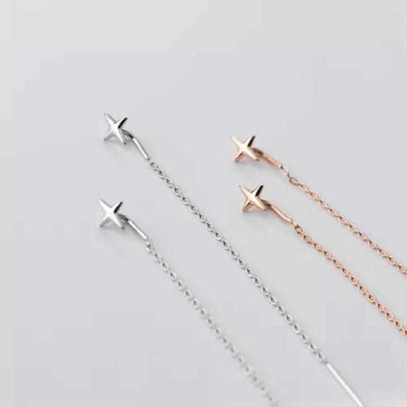 EOEMY 925 Sterling Silver Pull Through Shiny Cross Threader Dangle Earrings-Rose Gold