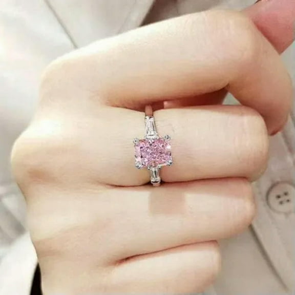 EOEMY 925 Sterling Silver Rings Pink Square Zircon Ring Women Wedding Ring Size 5-12-6
