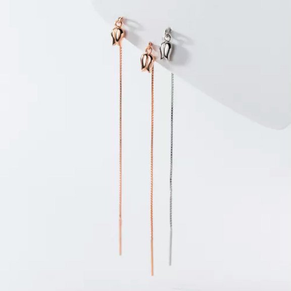 EOEMY 925 Sterling Silver Rose Flower Pull Through Long Drop Dangle Threader Earrings-Silver