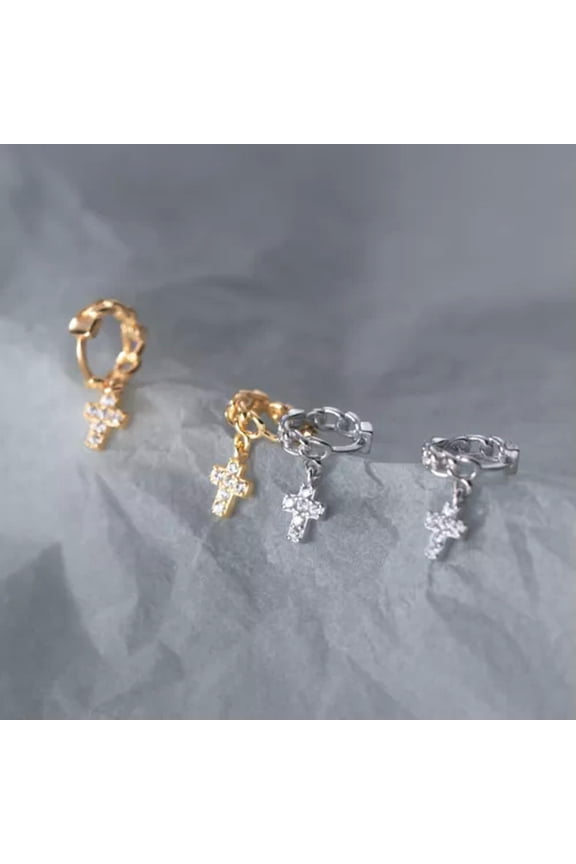 925 Sterling Silver Sleeper Hoop Earrings With Cz Crystal Encrusted Cross Hoops-Silver