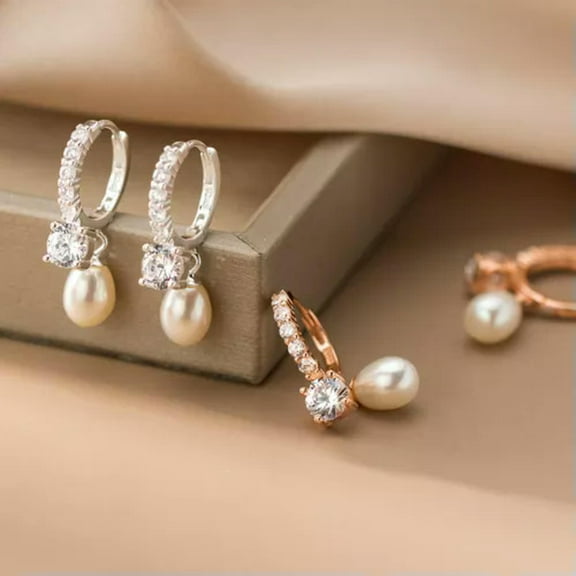 EOEMY 925 Sterling Silver Solid Zircon Pearl Hoop Huggie Earrings Sleeper Ear Piercing-Rose Gold