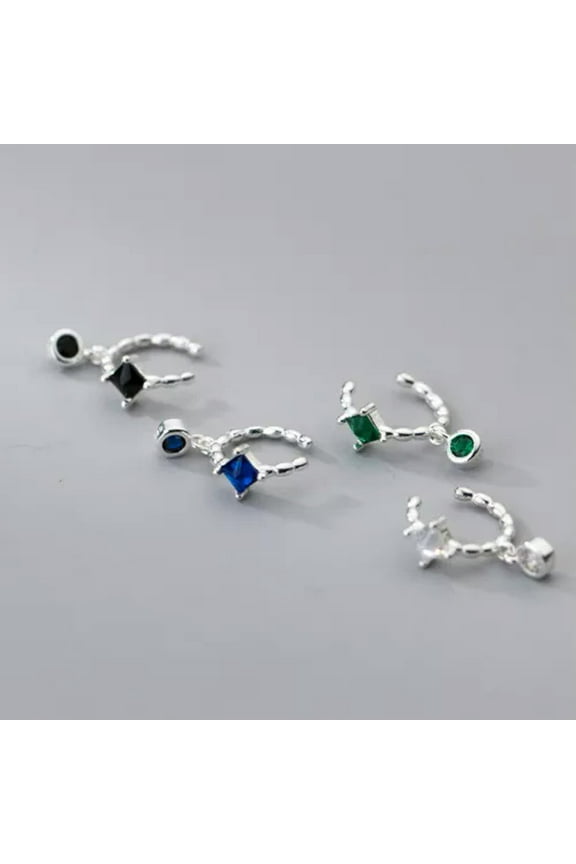 925 Sterling Silver Square Zircon Clip-On Ear Cuff Non-Piercing Earrings-Green