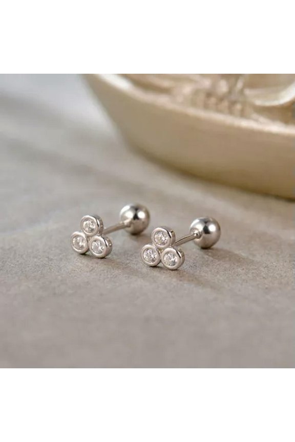 925 Sterling Silver Triple Bezel Cz Stud Earrings Helix Cartilage Piercing A1548-Silver