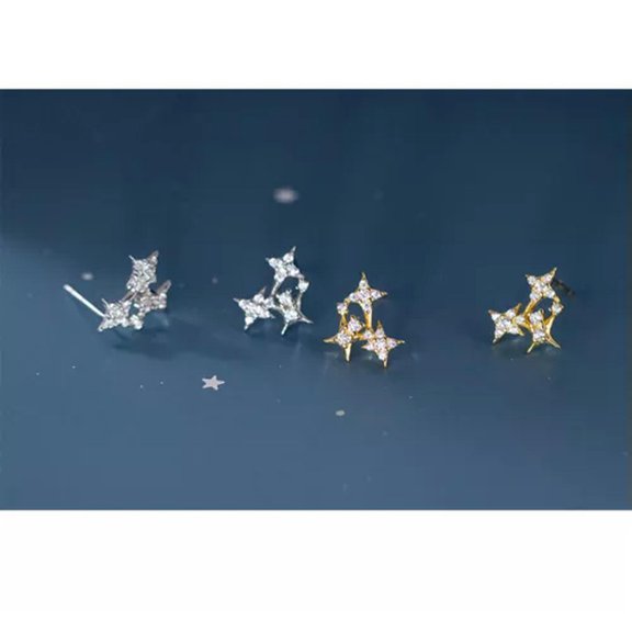 EOEMY 925 Sterling Silver Triple Stars Cubic Zirconia Stud Earrings Cz Earrings-Silver