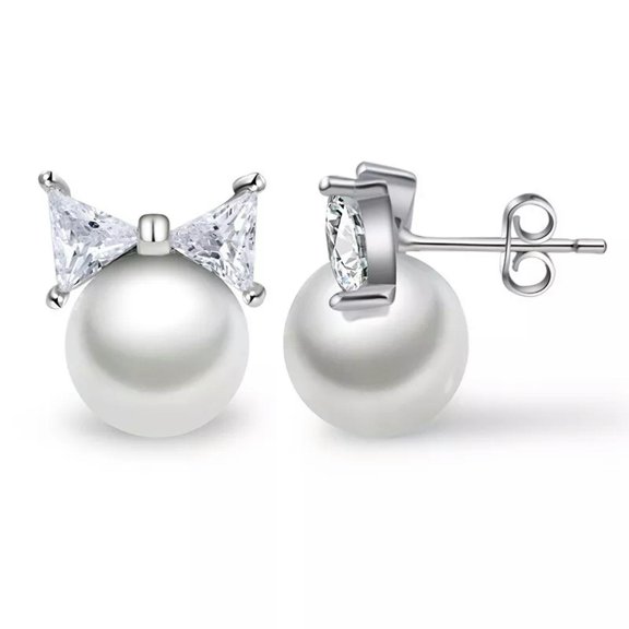 EOEMY 925 Sterling Silver Zircon Pearl Ear Stud Earrings Women Party Jewellery Bow