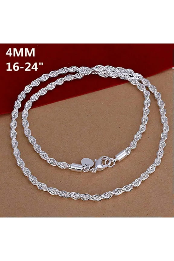 925 Sterling Solid Silver 4mm Twisted Rope Chain Necklace 16" - 24" Mens Womens -4mm-16 Inch