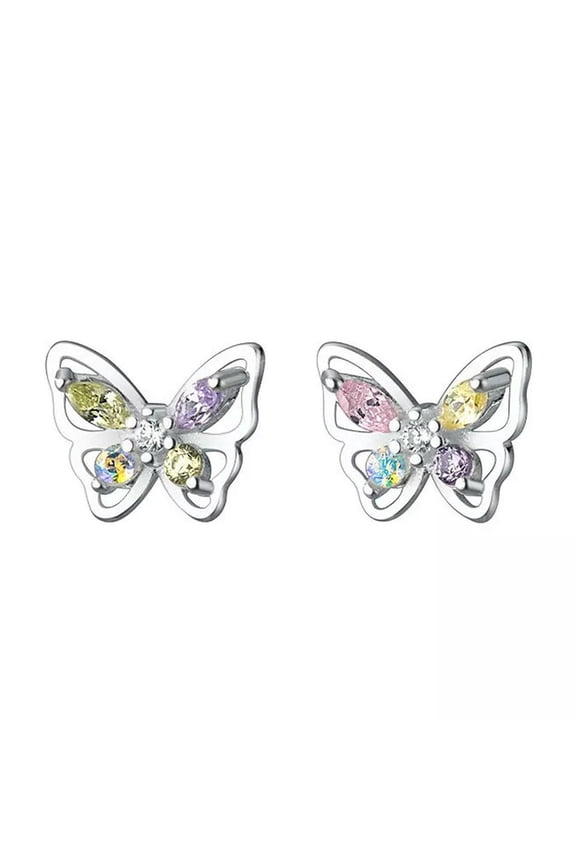 925 Sterling Solid Silver Color Crystal Butterfly Stud Earrings Studs