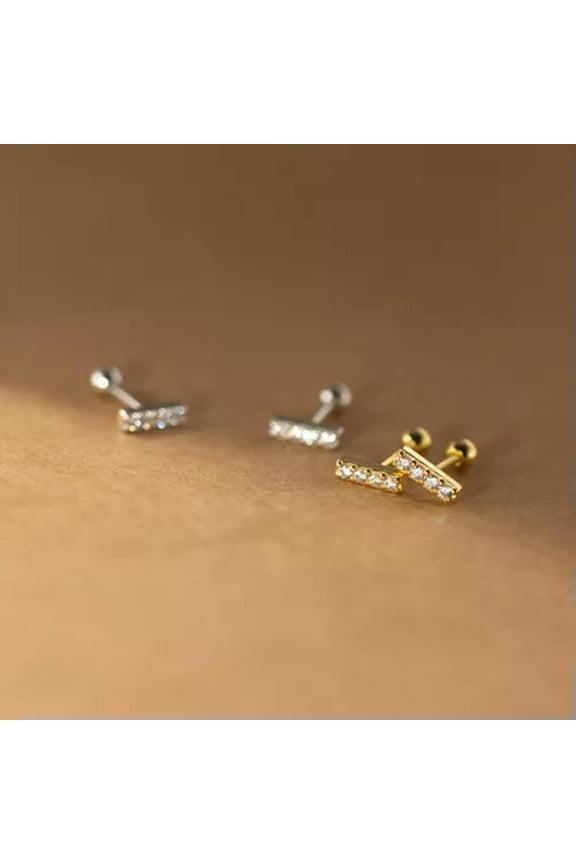 925 Sterling Solid Silver Crystal Bar Stud Earrings Screw Bead Backs-Gold