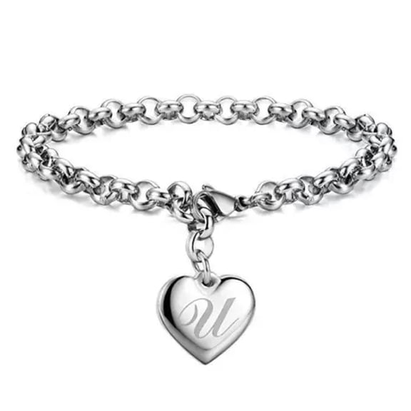 EOEMY 925 Sterling Solid Silver Jewelry A-Z Letter Charm Heart Bracelet For Women-U