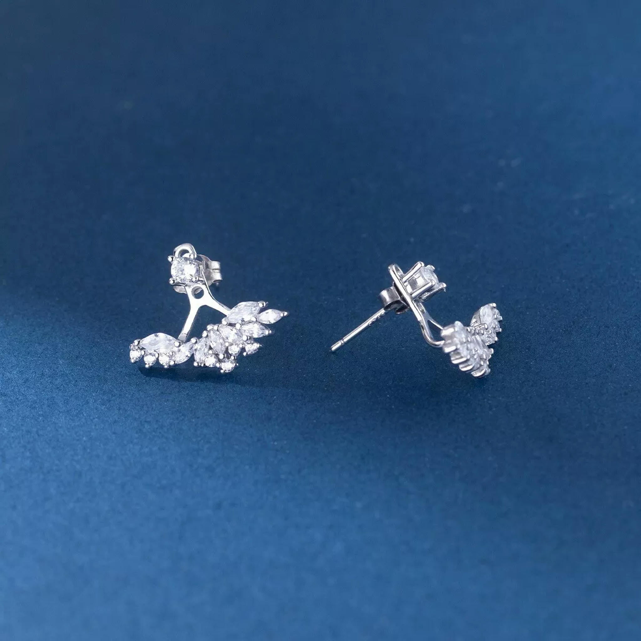 EOEMY 925 Sterling Solid Silver & Wing Clear Cz Ear Jacket Stud Earrings