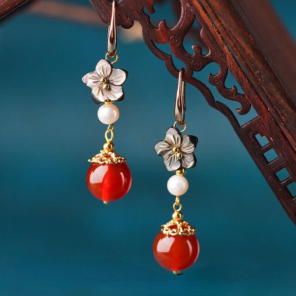 EOEMY A Pair 1.97" Chinese Style Agate White Shell Beads Shellfish Earrings Ear Stud