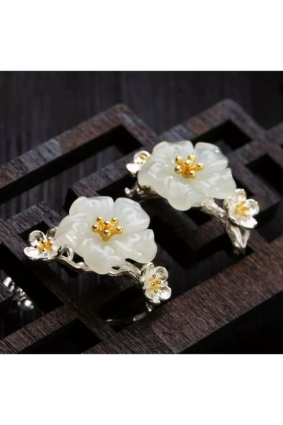 A Pair Natural Jade Flower Earrings Women Vintage Silver Jewelry Gifts Ear Studs