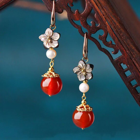 EOEMY A Pairs Chinese Style Agate White Shell Beads Shellfish Earrings Ear Stud