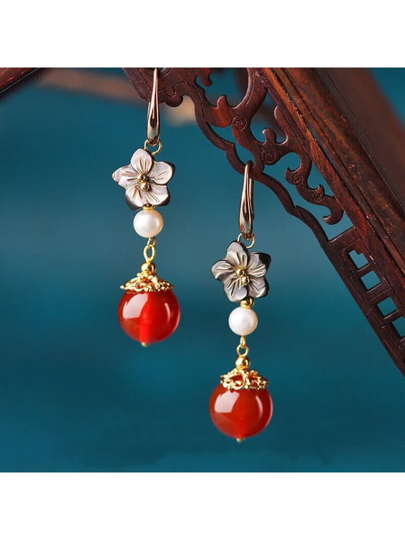 A Pairs Chinese Style Agate White Shell Beads Shellfish Earrings Ear Stud