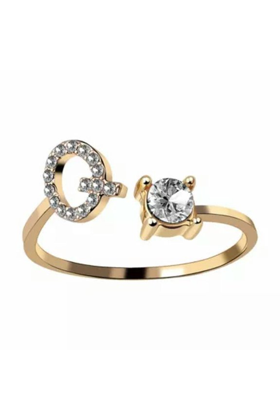 A-Z Initial Letters 925 Silver Micro Zircon Rings Name Rings Adjustable Women-Gold-Q