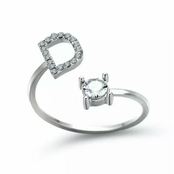EOEMY A-Z Initial Letters 925 Silver Micro Zircon Rings Name Rings Adjustable Women-Letter-D