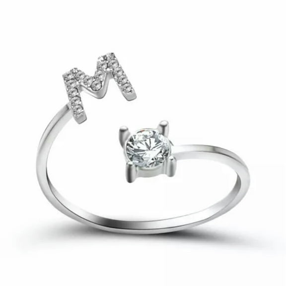 EOEMY A-Z Initial Letters 925 Silver Micro Zircon Rings Name Rings Adjustable Women-Letter-M