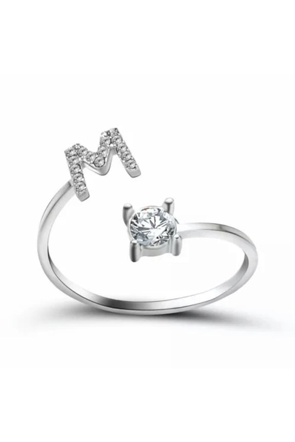 A-Z Initial Letters 925 Silver Micro Zircon Rings Name Rings Adjustable Women-Letter-M