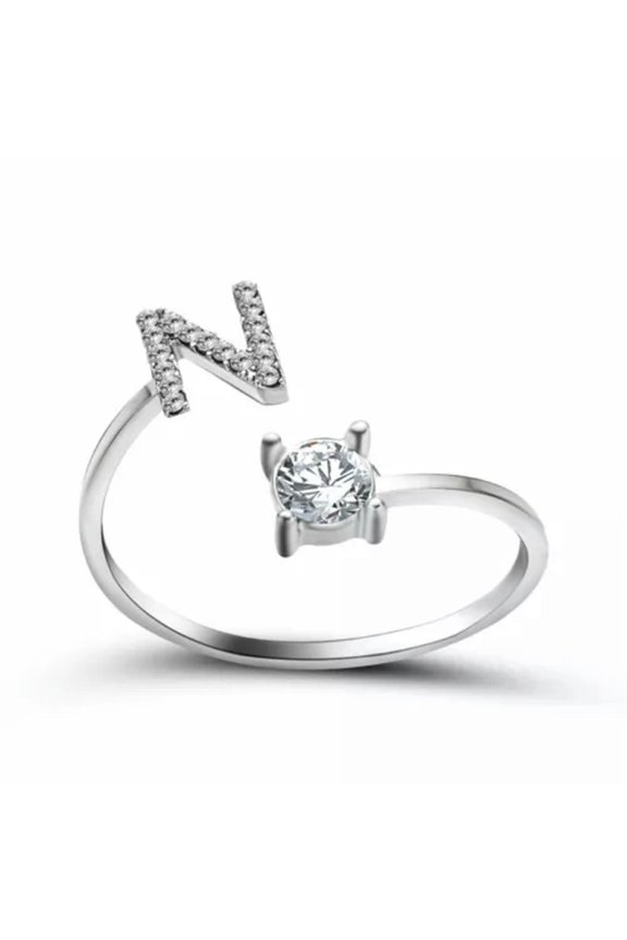 A-Z Initial Letters 925 Silver Micro Zircon Rings Name Rings Adjustable Women-Letter-N