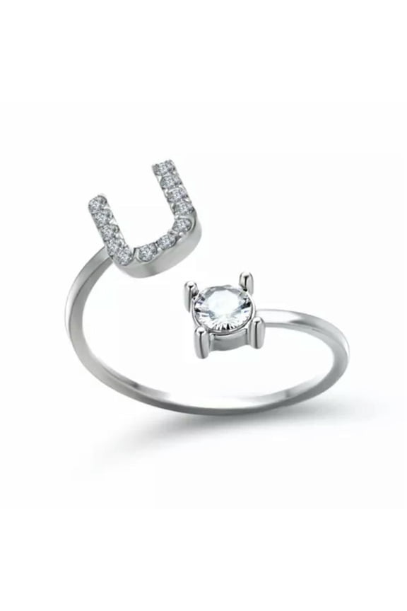 A-Z Initial Letters 925 Silver Micro Zircon Rings Name Rings Adjustable Women-Letter-U