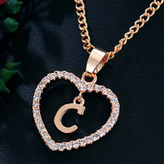 EOEMY A-Z Rose Gold Heart Alphabet Letter Necklace Initial Name Pendant Chain Choker-C