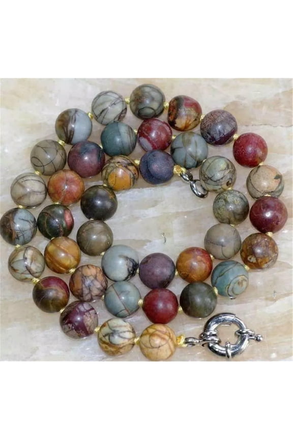 Aaa Natural 10mm Multi-Color Picasso Jasper Round Gemstone Beads Necklace 18"
