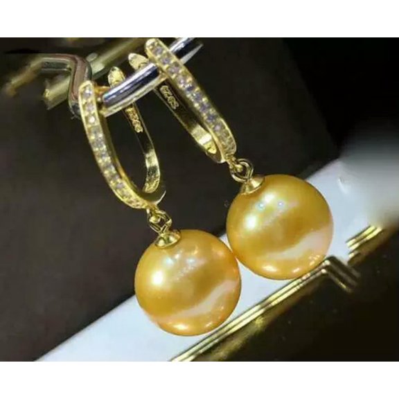 EOEMY Aaa+ Natural 8-7mm Real Natural Gold South Sea Round Pearl Earrings Fine Silver