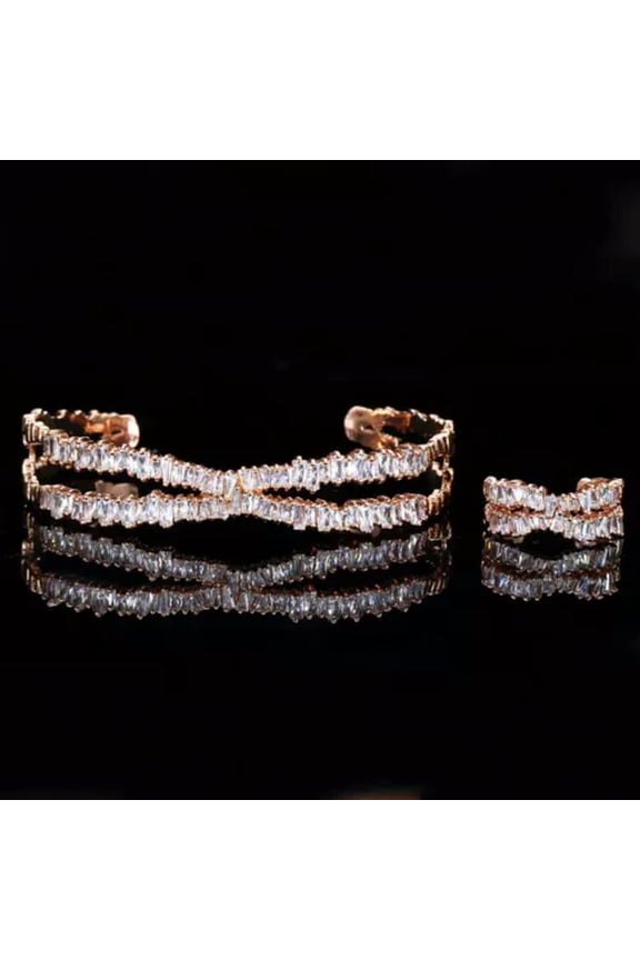 Adjustable Cz Rose Gold Plated Baguette Cross Bangle Ring Set Fashion Jewelry