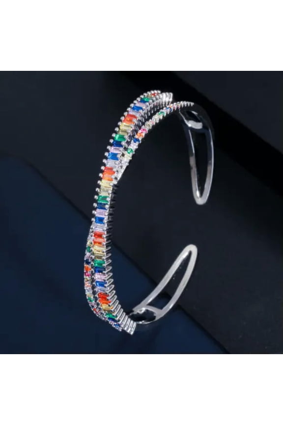 Adjustable Multicolored Gold Plated Cz Rainbow Open Cuff Bangle Fashion Jewelry
