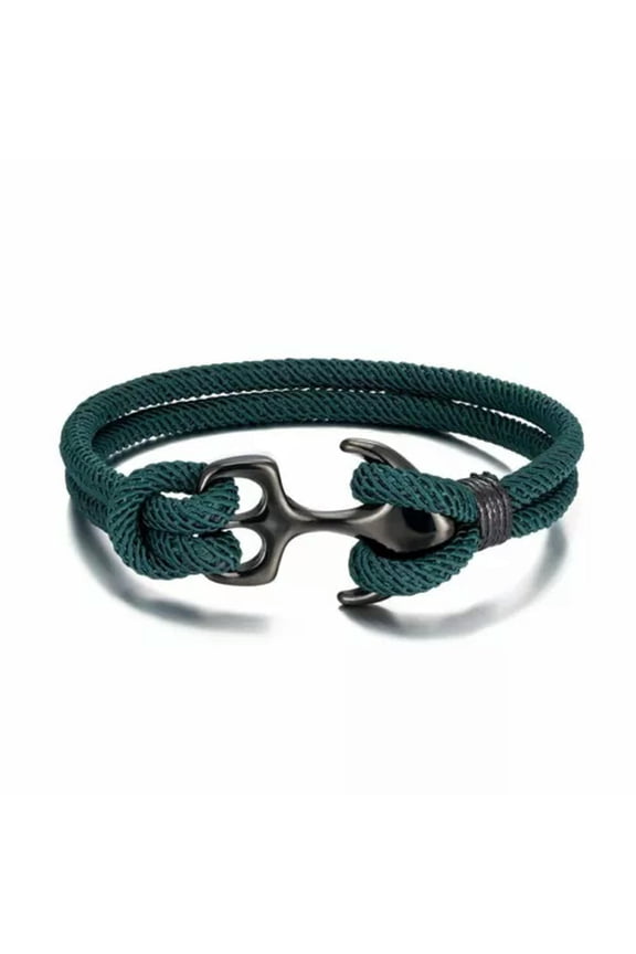 Anchor Bracelet Double Strand Rope Bracelets Stainless Steel Survival Bangles-21Cm-Dark Green