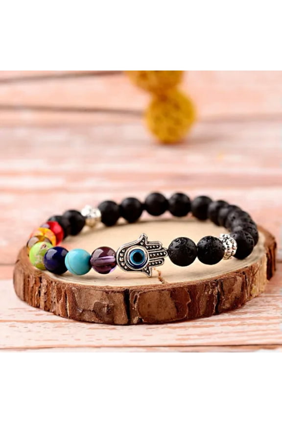 Anxiety Relief Mens Bracelet Wooden Lava Stone Beads Stretch Diffuser Bracelets-7 Chakra 3
