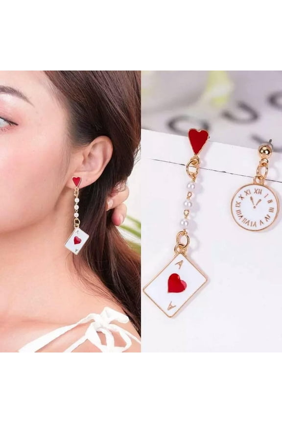 Asymmetric Clock Poker Drop Earring Women Faux Pearl Vintage Dangle Earring Gift