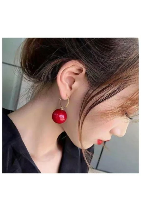Ball Drop Earrings Women Elegant Large Round Hoop Bead Pendant Dangle-Red