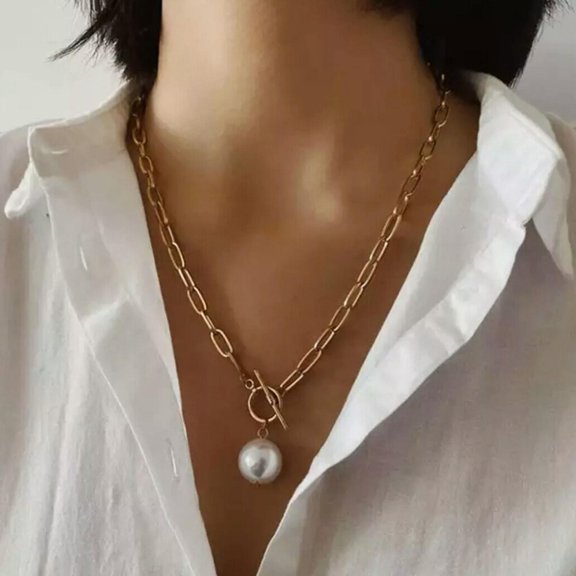 EOEMY Baroque Pearl Pendant Gold Chain Necklace New