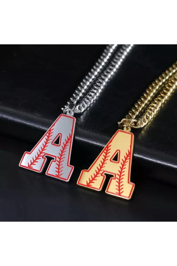 Baseball Initial A-Z Letter Pendant Necklace Cuban Chain Stainless Steel Jewelry