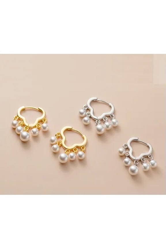 Beaded Pearl Hoop Huggies Earrings 925 Sterling Silver Snap Back-Silver