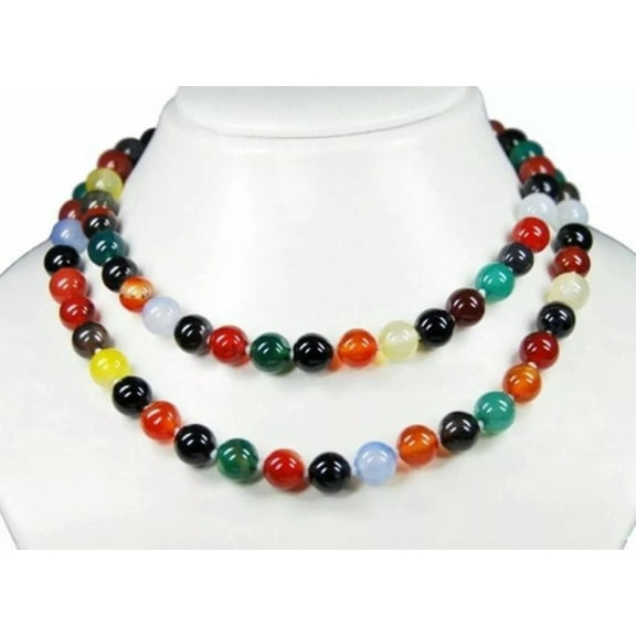 EOEMY Beautiful 8mm Natural Multi-Color Agate Round Beads Necklace 36''