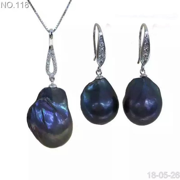 EOEMY Black Baroque Hook Earrings And Pendant Freshwater Cultured Pearls Set