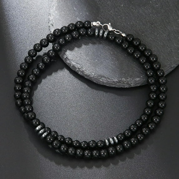 EOEMY Black Frosted Lava Stone Beaded Necklace Men Jewelry Femme Natural Stone Choker-Black Onyx