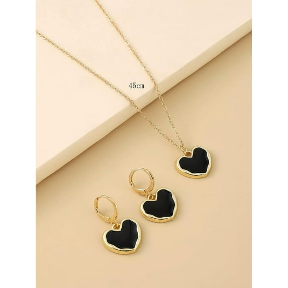 EOEMY Black Heart Charm Necklace & Earrings Jewelry Set Jewelry Gift For Women-Default