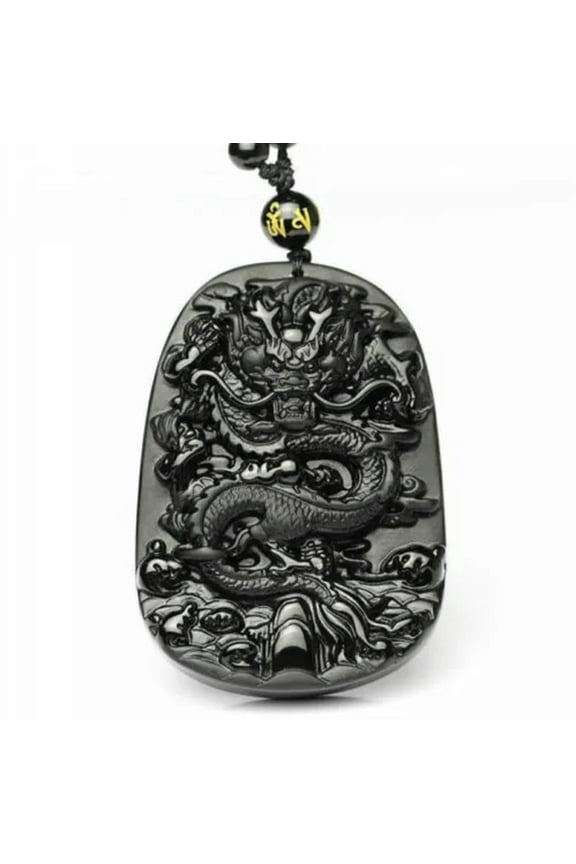 Black Natural Obsidian Dragon Necklace Pendant With Adjustable Bead Chain