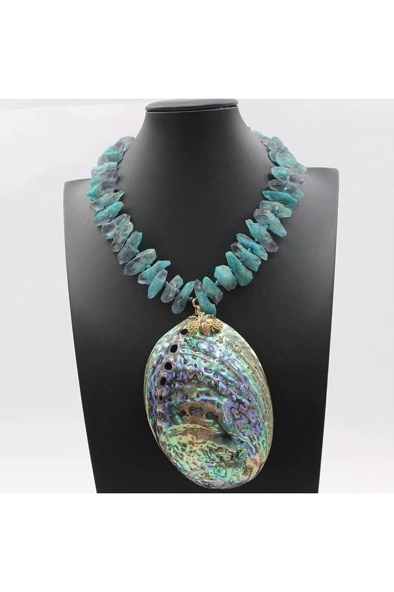 Blue Frontal Fluorite Rough Nugget Necklace Cz Paved Bee Paua Abalone Pendant