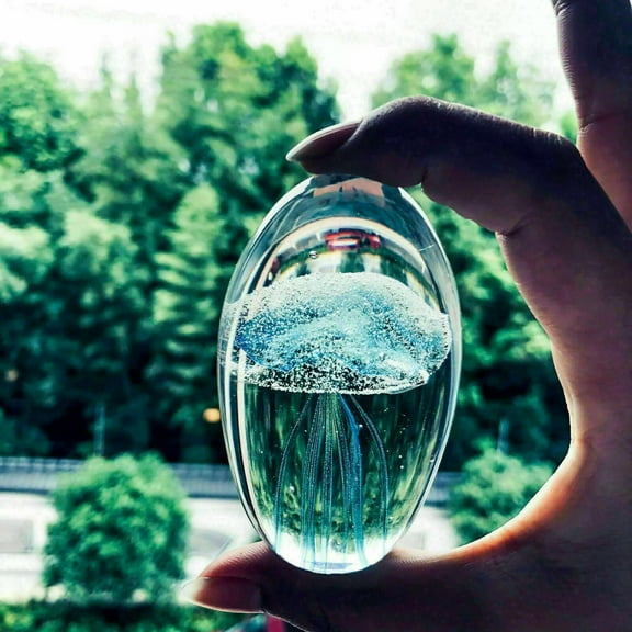 EOEMY Blue Jellyfish Crystal Laser Etching In Cylindrical Crystals Paperweight Jewelry