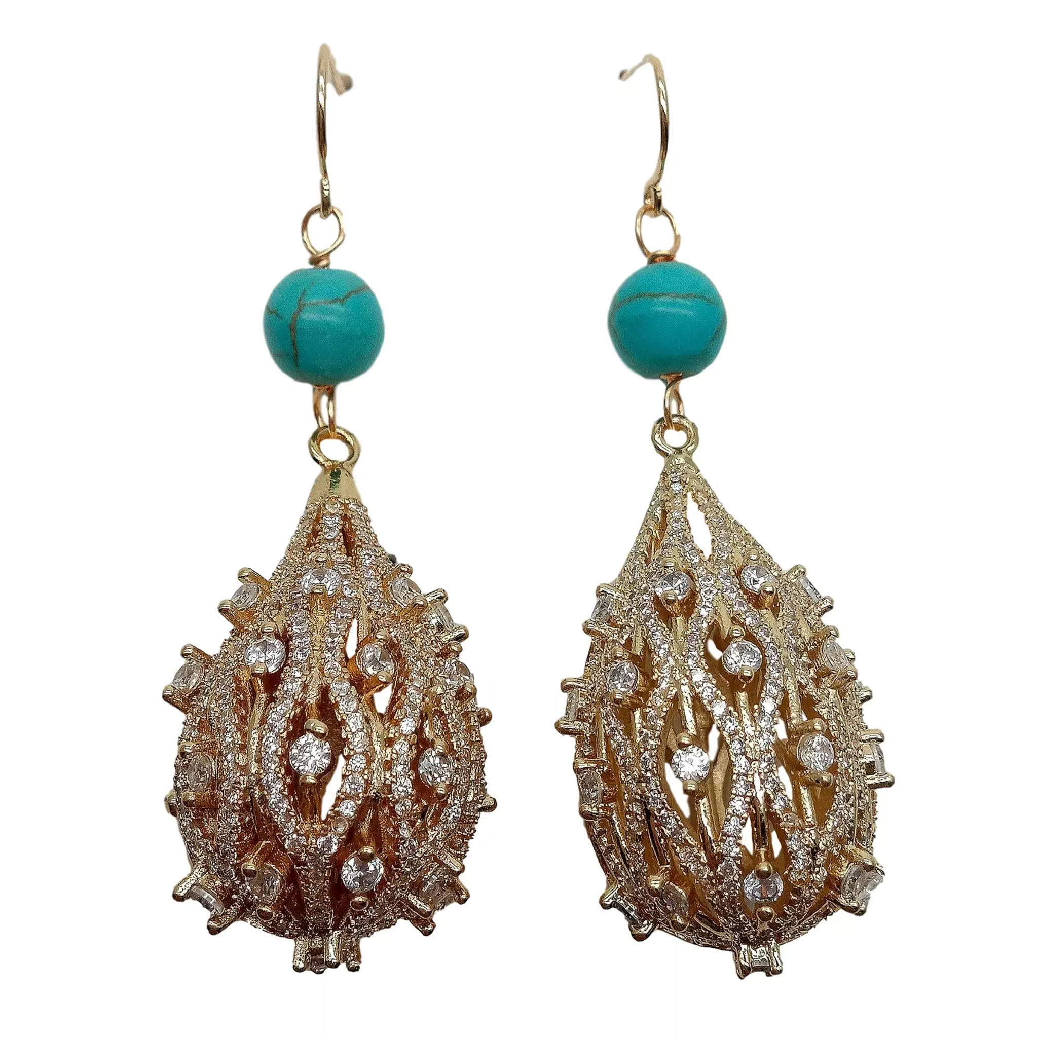 EOEMY Blue Turquoise Cubic Zirconia Pave Teardrop Hook Earring