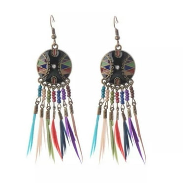 EOEMY Bohemian Boho Flower Carved Round&Colorful Feather Tassel Women Hook Earrings-9#