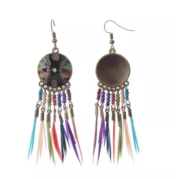 EOEMY Bohemian Boho Style Multi-Color Beads&Feathers Tassel Dangle Women Earrings-1#